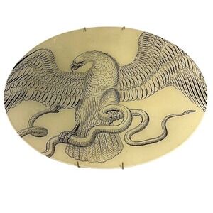 John Derian Large Oval Decoupage Glass Platter Eagle and Snake Vintage 19in